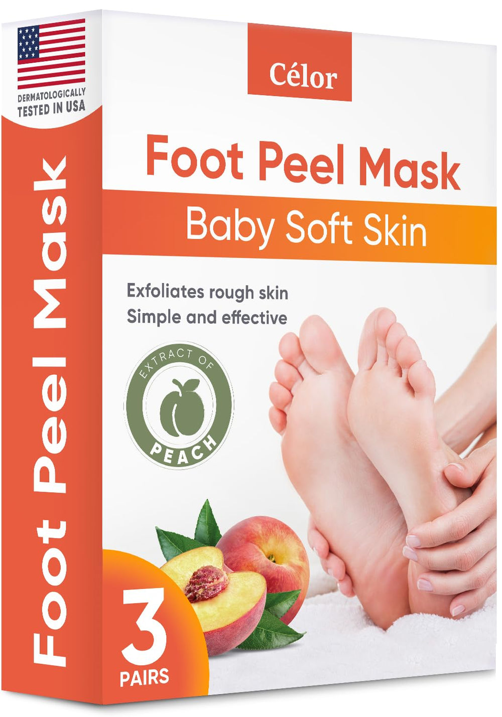 CÉLOR front packaging showing three pairs and peach scent, promotes easy at-home foot care