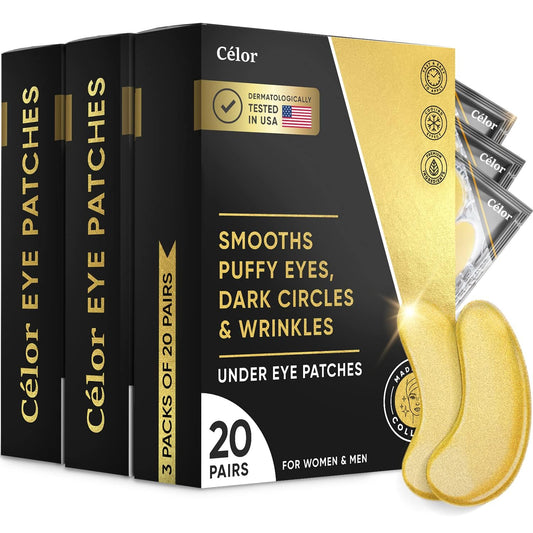 CÉLOR front packaging displaying gold under eye patches and benefits