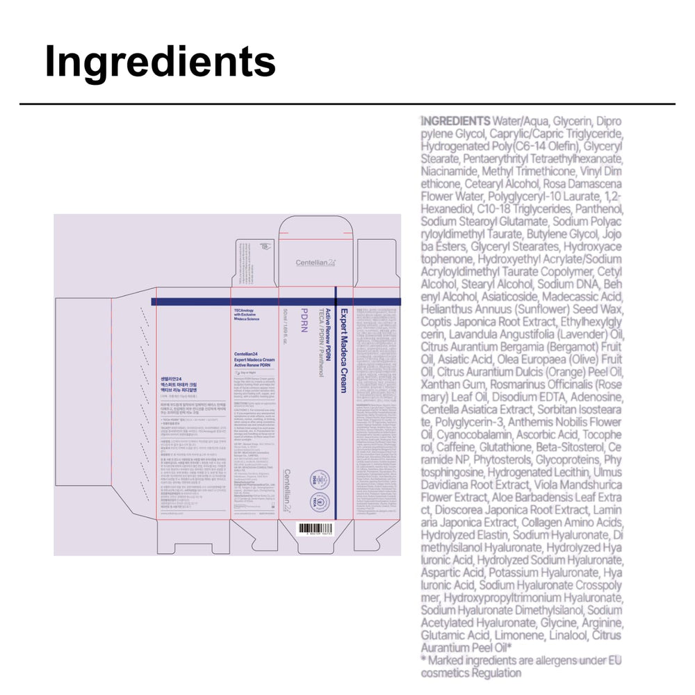 CENTELLIAN 24 label close-up showing active TECA-PDRN ingredients and clarity benefit
