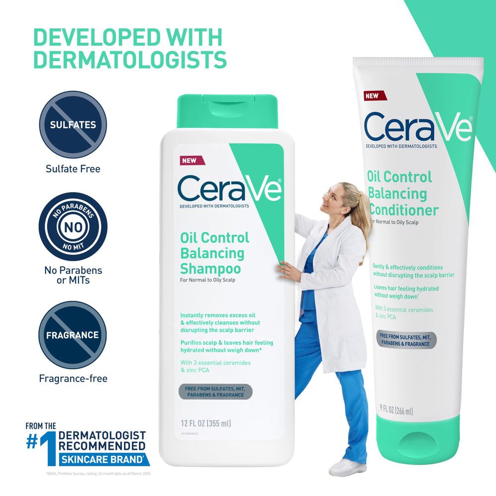 CeraVe conditioner bottle next to matching shampoo for routine pairing