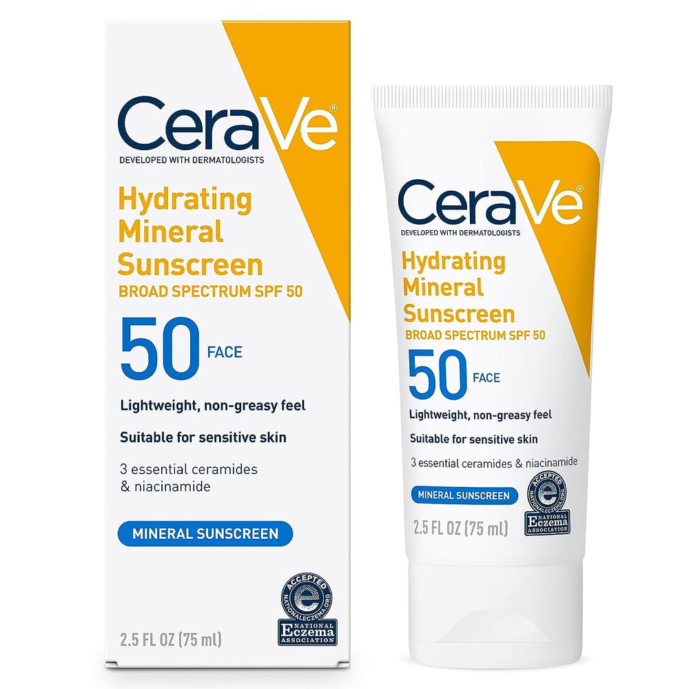 CeraVe mineral sunscreen front packaging showing SPF 50 and travel size benefits