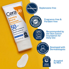CeraVe sunscreen label close-up listing zinc oxide, titanium dioxide and ceramides benefits