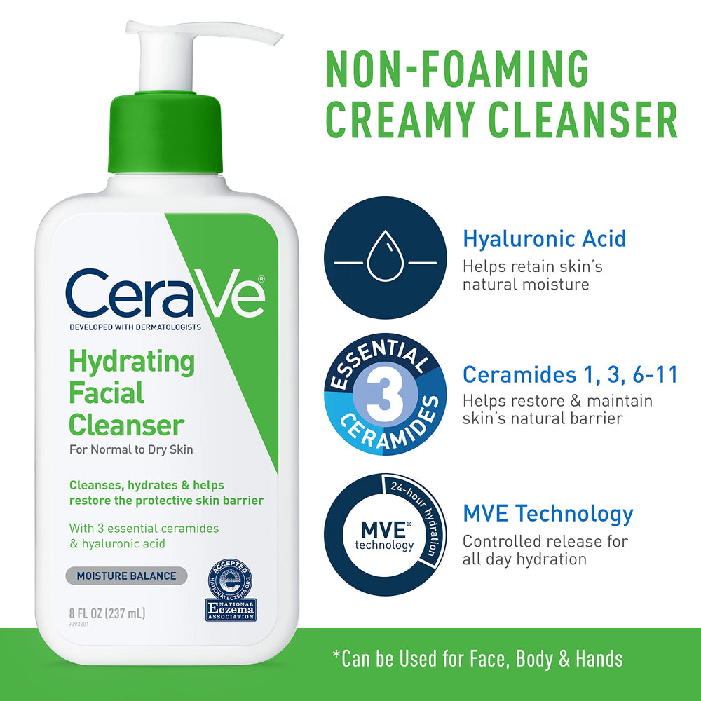 CeraVe moisturizing cream jar open showing rich texture and quick-absorbing, non-greasy benefit