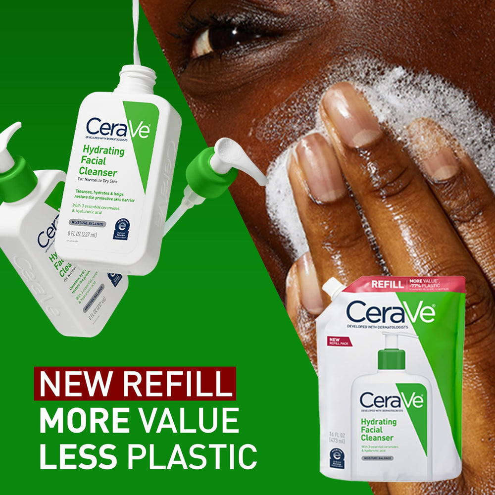CeraVe 16 ounce refill beside a regular bottle for size and value