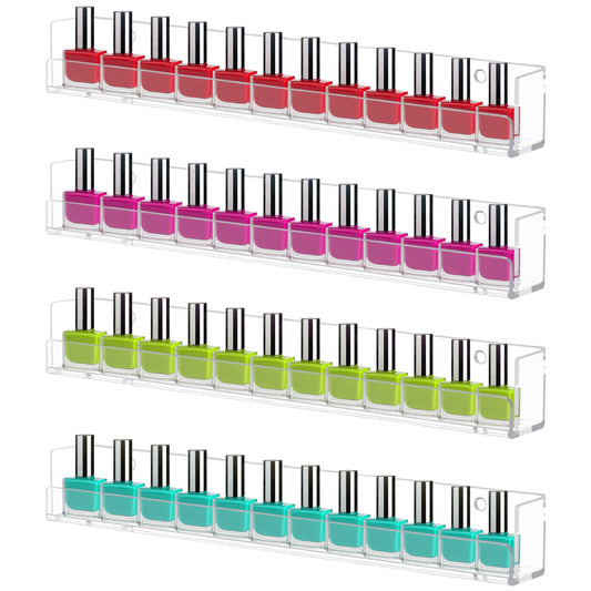 Cerpourt front view of four clear acrylic shelves showing organized polish collection and visibility