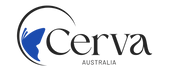 Cerva Australia logo with a blue leaf on a white background