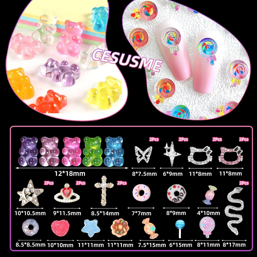 CESUSME close-up of resin gummy bear and donut charms showing vivid color