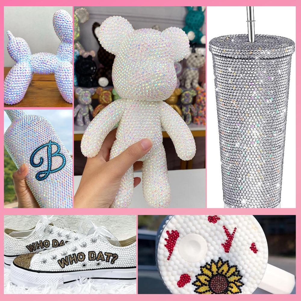 CESUSME decorated clear bottle with gems, demonstrating craft transformation