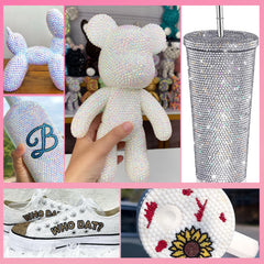 CESUSME decorated clear bottle with gems, demonstrating craft transformation