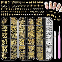 CESUSME front packaging showing assorted gold nail charms and pearls, easy selection benefit