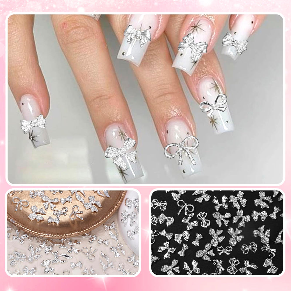 CESUSME finished manicure with multiple bows, showcasing coordinated metallic accents