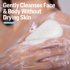 Cetaphil bar lathered in hand demonstrating mild foaming benefit
