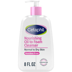 Cetaphil front bottle showing oil-to-foam cleanser benefits