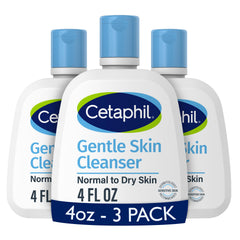Cetaphil front packaging three-pack showing travel-friendly bottles and gentle benefits