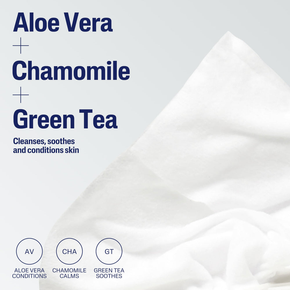 Cetaphil ingredient label highlighting aloe vera, chamomile and green tea benefits