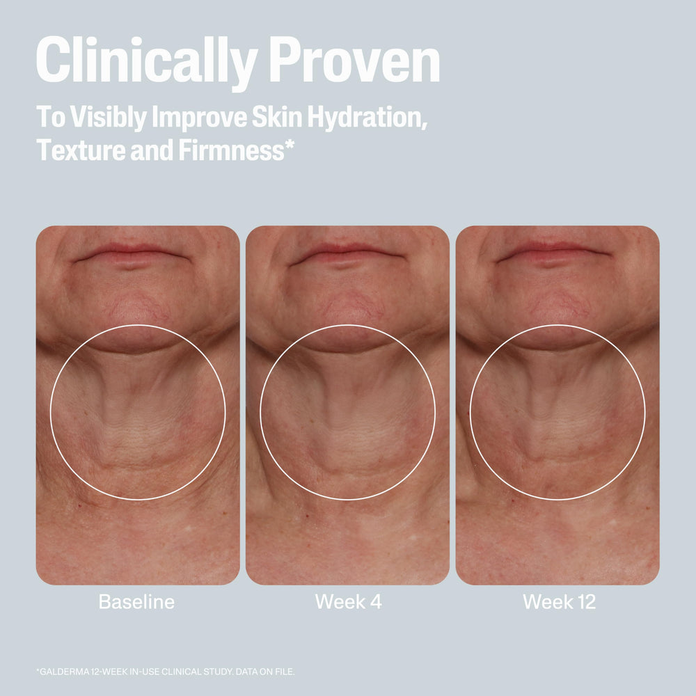 Woman applying Cetaphil to neck showing firmer-looking skin benefit