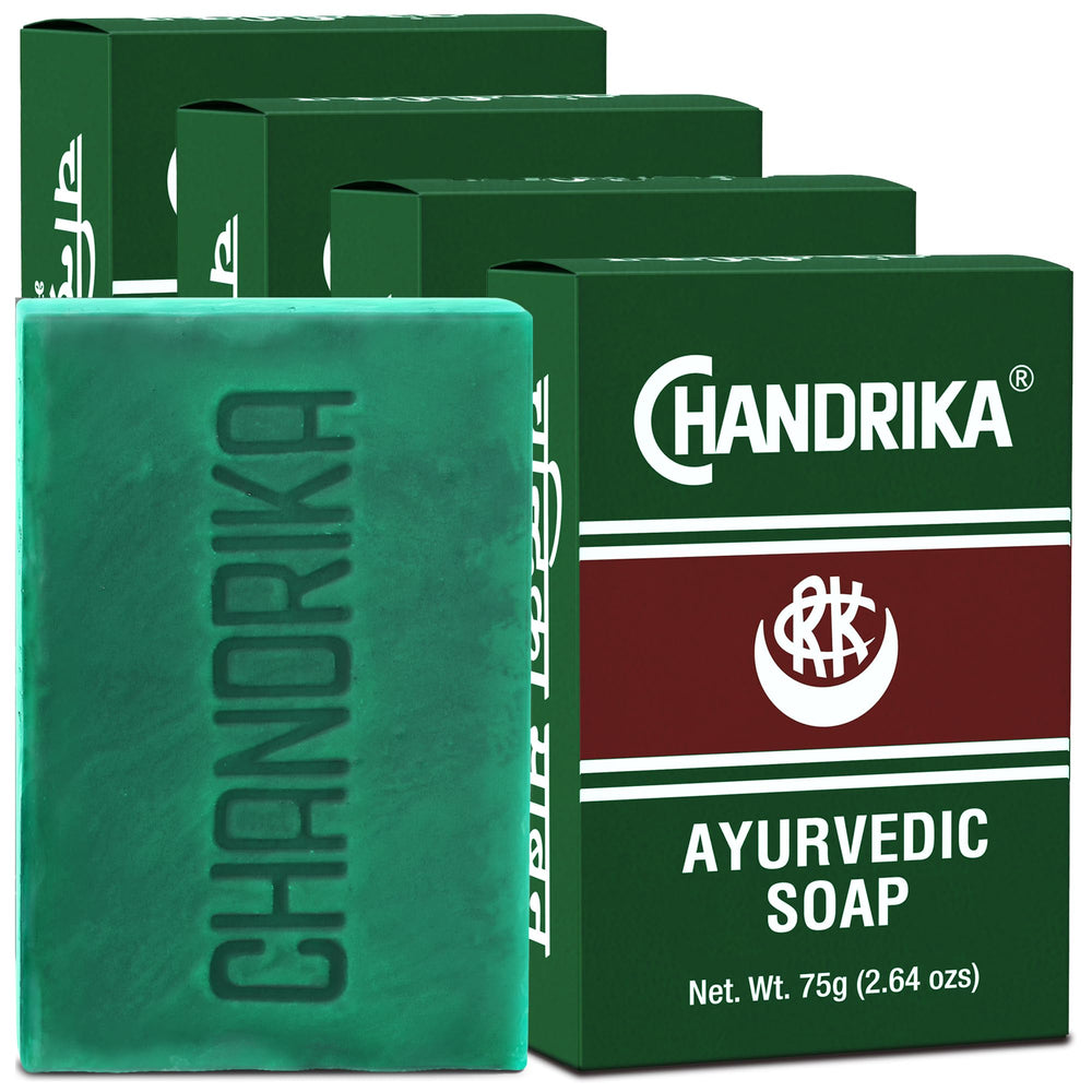Chandrika front packaging showing a herbal soap bar and brand name, clean presentation benefit