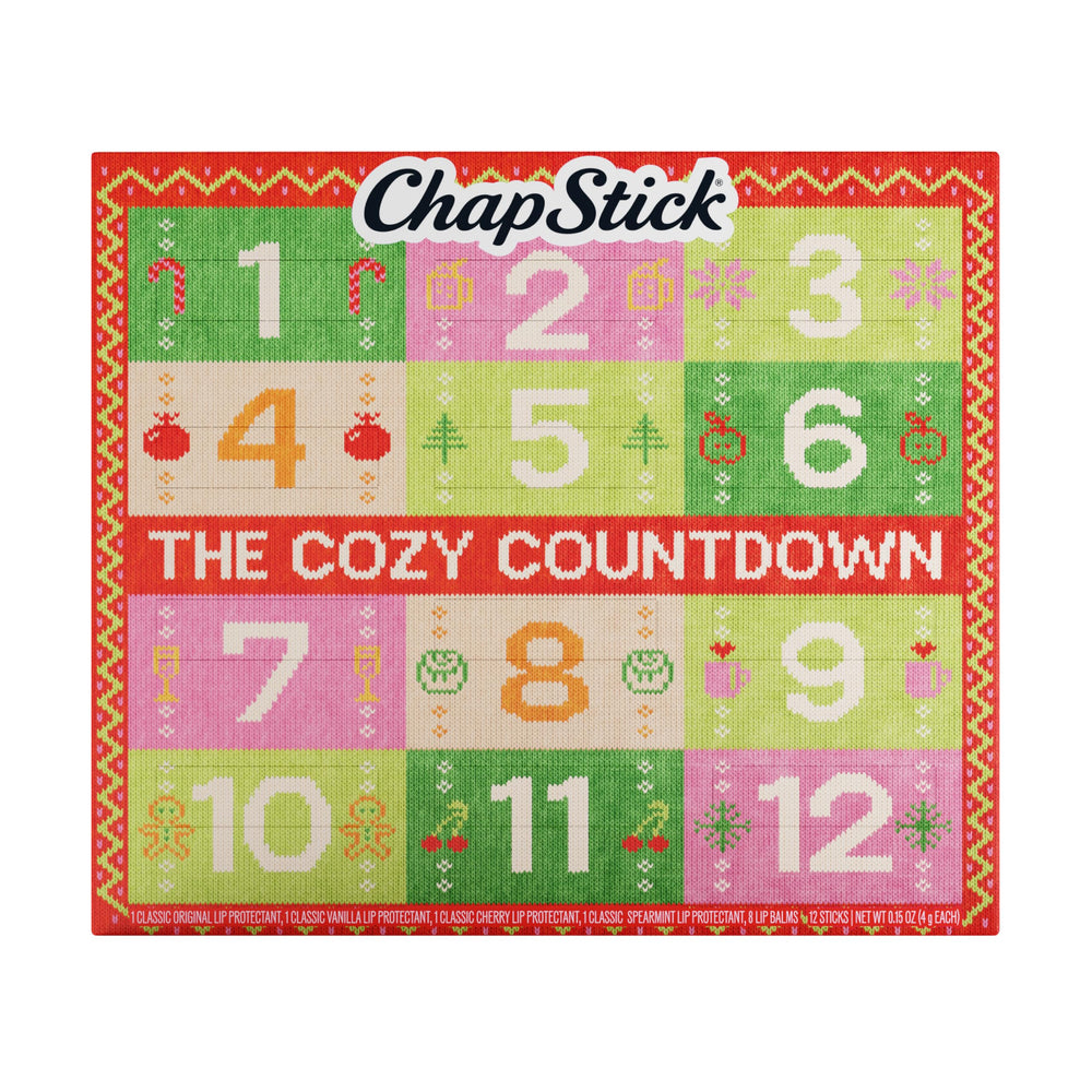 ChapStick advent calendar front box displaying cozy sweater design and holiday charm