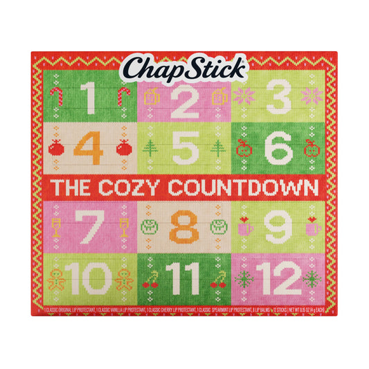 ChapStick advent calendar front box displaying cozy sweater design and holiday charm
