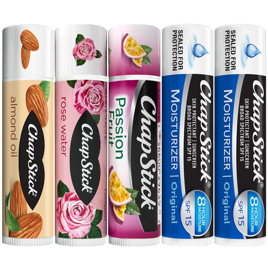 ChapStick bundle front packaging showing five tubes and benefits