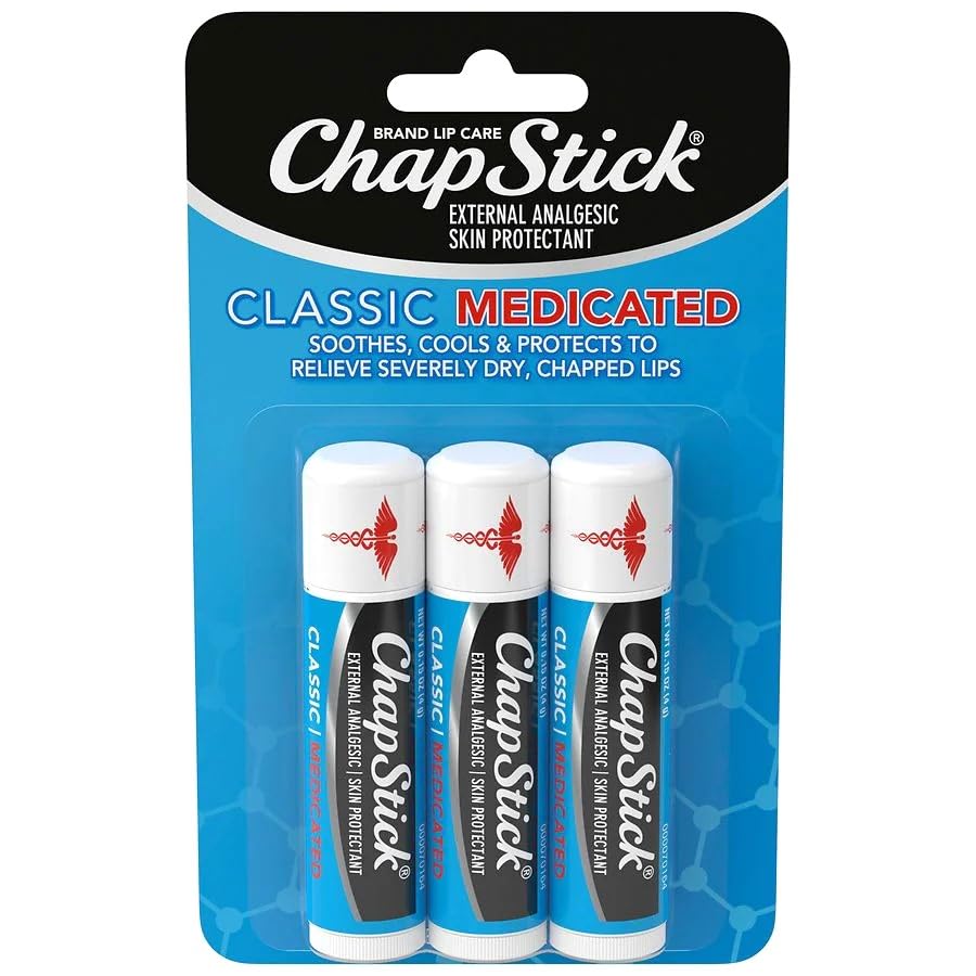 ChapStick classic medicated front packaging showing three tubes for quick relief