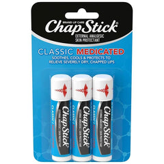 ChapStick classic medicated front packaging showing three tubes for quick relief