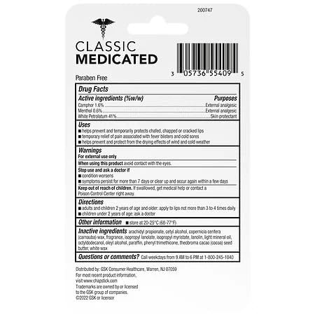 ChapStick classic medicated tube closeup showing balm texture and clear benefits