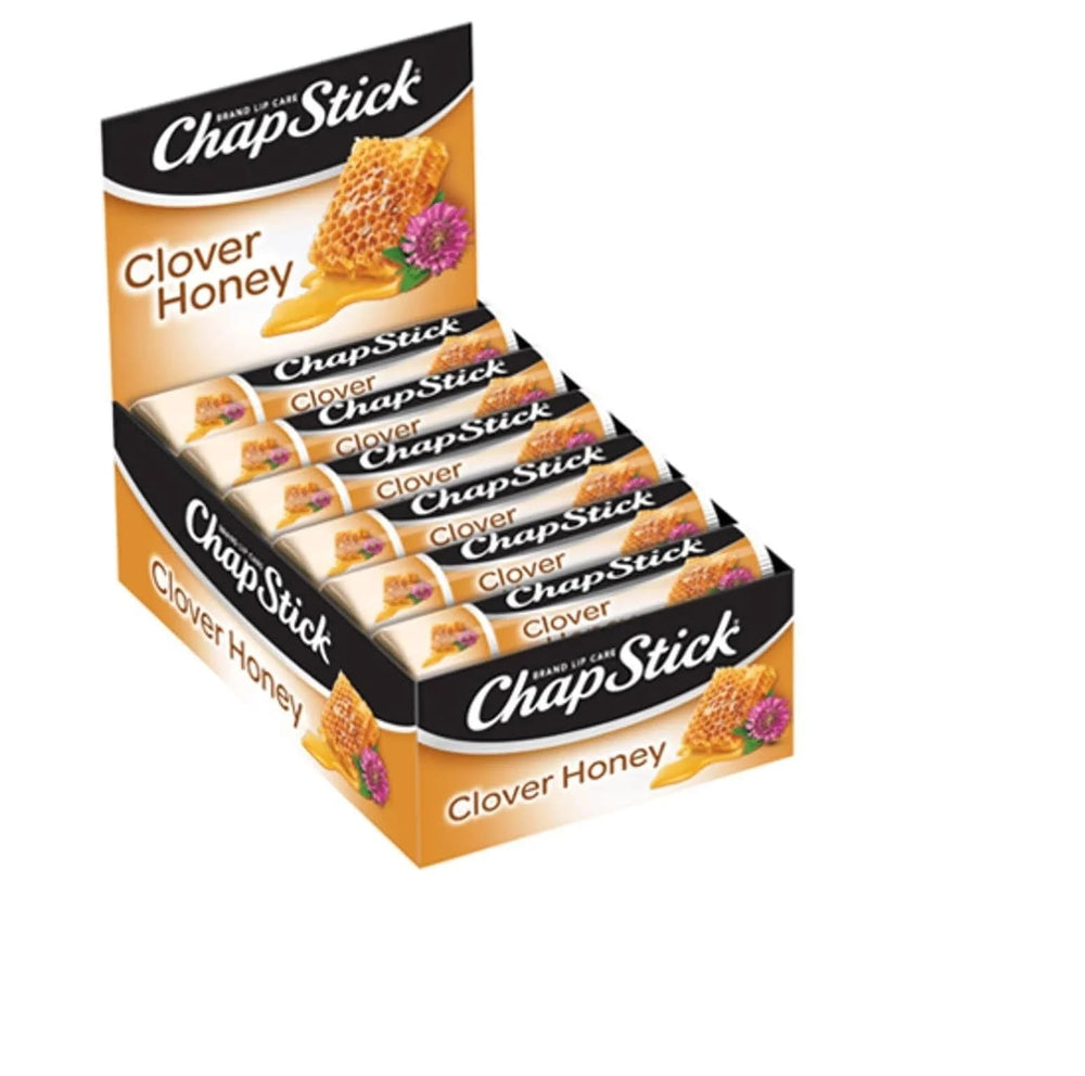 ChapStick clover honey front packaging showing 12 tubes and flavor benefits