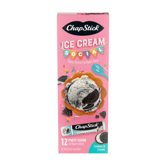 ChapStick front packaging showing 12-count Cookies & Cream tubes and party-ready benefit