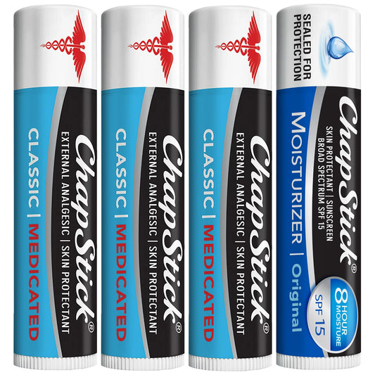 ChapStick front packaging showing four-tube bundle and benefits