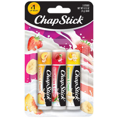 ChapStick front packaging Fruit & Cream 3-pack showing three flavored tubes and brand benefit