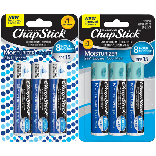ChapStick front packaging showing six-pack and benefits