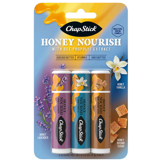 ChapStick Honey Nourish front packaging showing three tubes and flavors for convenient hydration