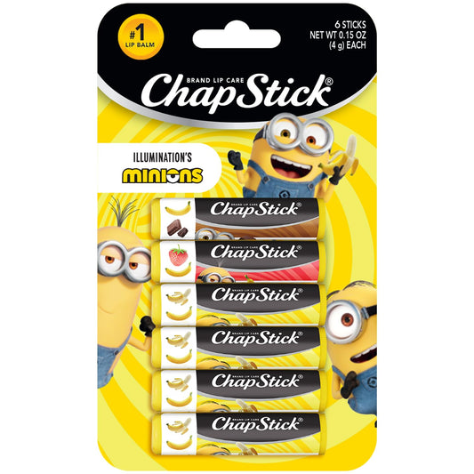 ChapStick Minions front packaging showing character artwork and banana theme benefits hydration