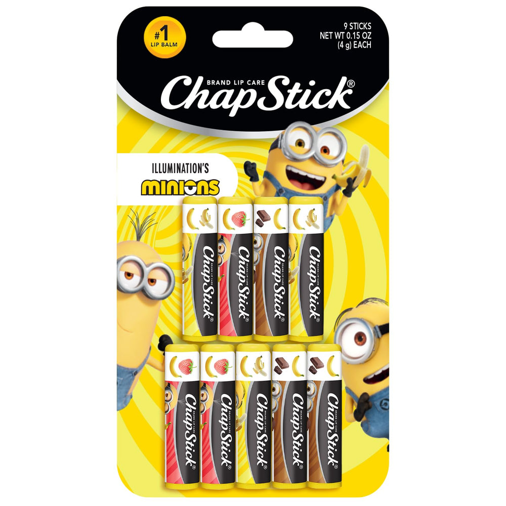 ChapStick Minions pack front showing nine banana-flavored sticks and fun artwork