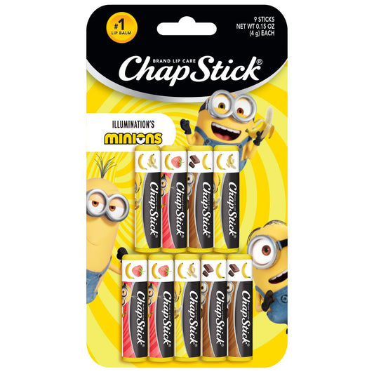 ChapStick Minions pack front showing nine banana-flavored sticks and fun artwork