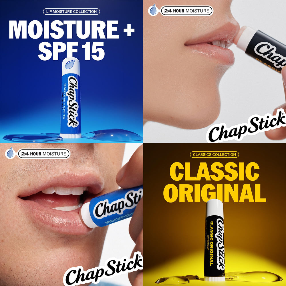 ChapStick several tubes laid out displaying classic original and SPF benefits