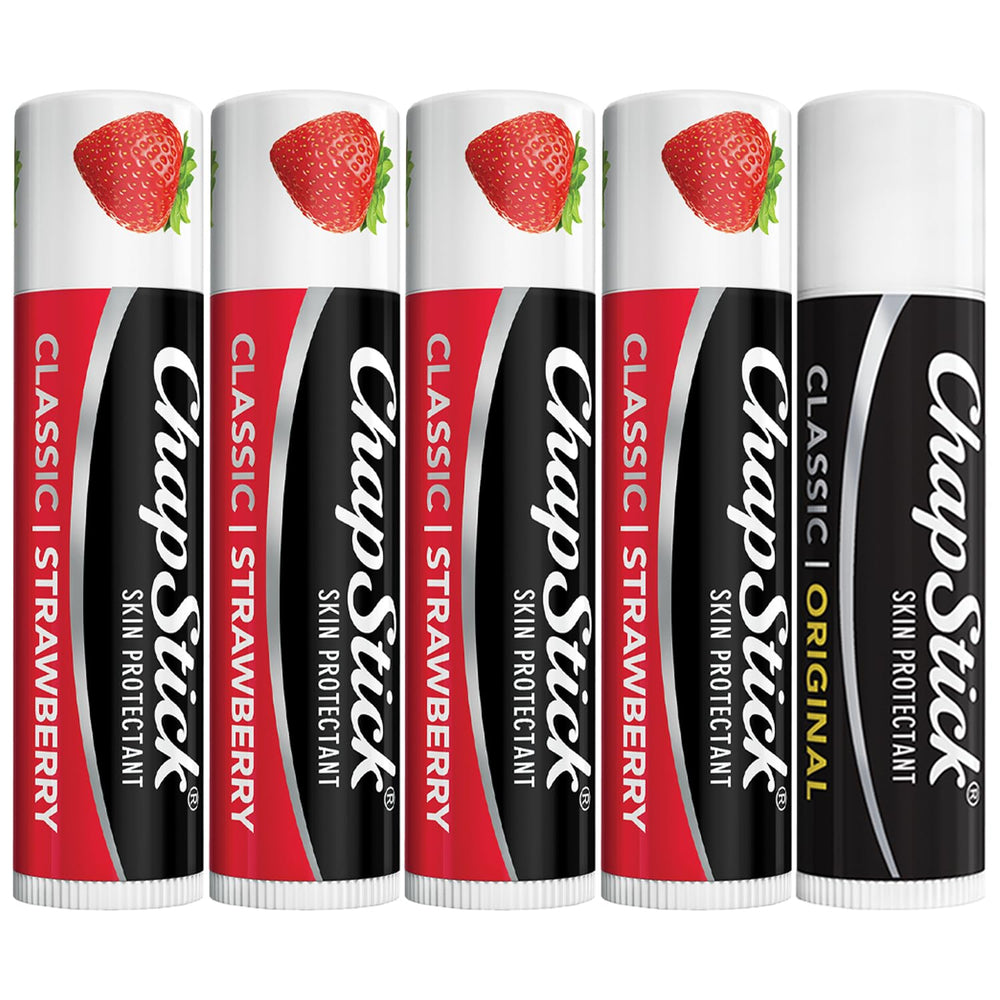 ChapStick front packaging showing strawberry 4-pack and Classic Original benefit everyday hydration