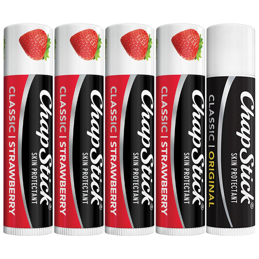 ChapStick front packaging showing strawberry 4-pack and Classic Original benefit everyday hydration