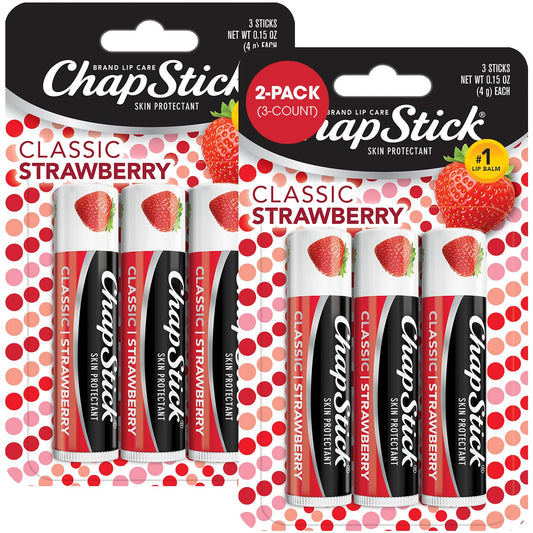 ChapStick tube front view showing strawberry tint and easy carry benefit
