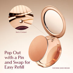 Charlotte Tilbury packaging label close-up indicating shade 3 Tan and product info