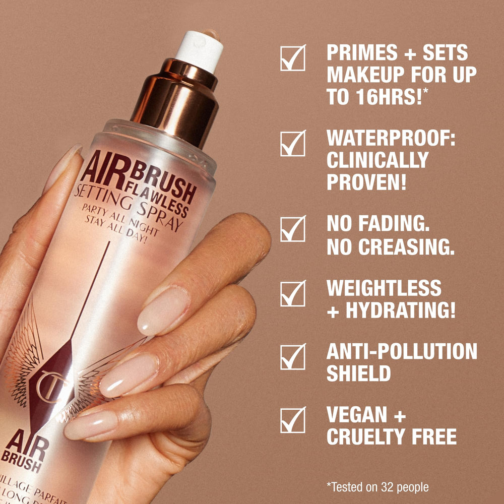Charlotte Tilbury bottle held in hand to show size and travel-friendly convenience