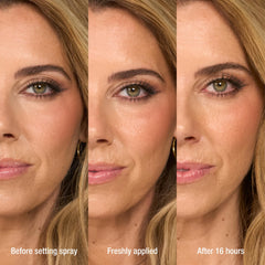 Charlotte Tilbury mist applied on bride to set wedding makeup for long-lasting wear