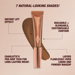 Charlotte Tilbury cheek application demo illustrating where to place contour for lift