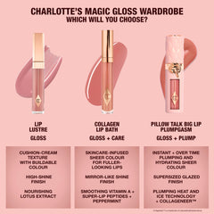 Charlotte Tilbury Collagen Lip Bath flatlay with packaging showing perfect gifting and universal shade benefit