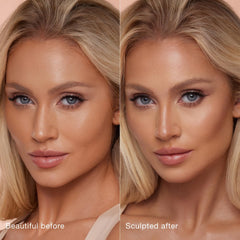 Charlotte Tilbury lifestyle portrait with sculpted makeup for camera-ready finish