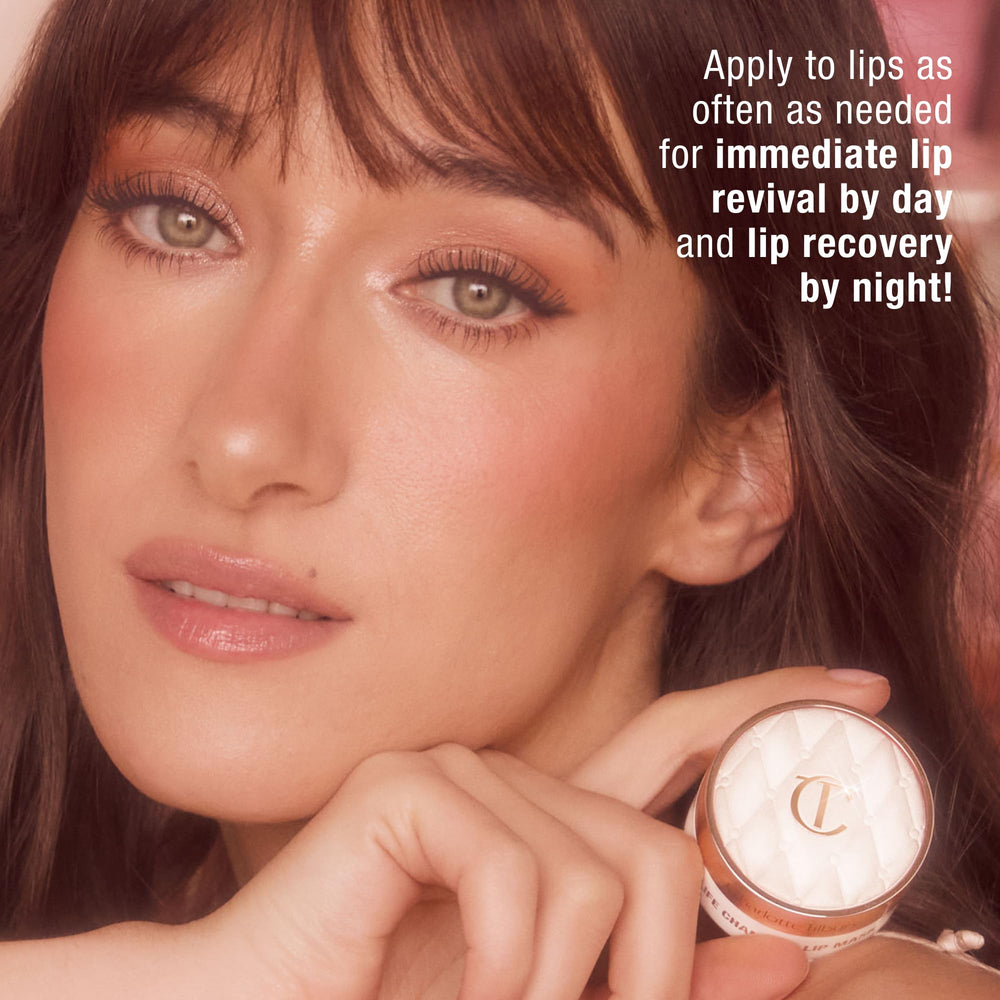Charlotte Tilbury applying mask on lips for instant hydration and plump