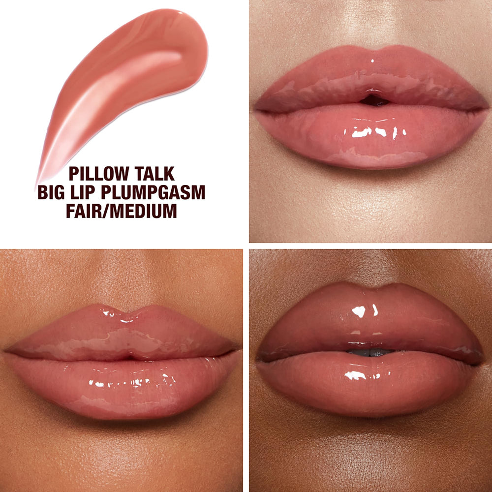Charlotte Tilbury gloss worn on lips showing fuller, juicier pout benefit