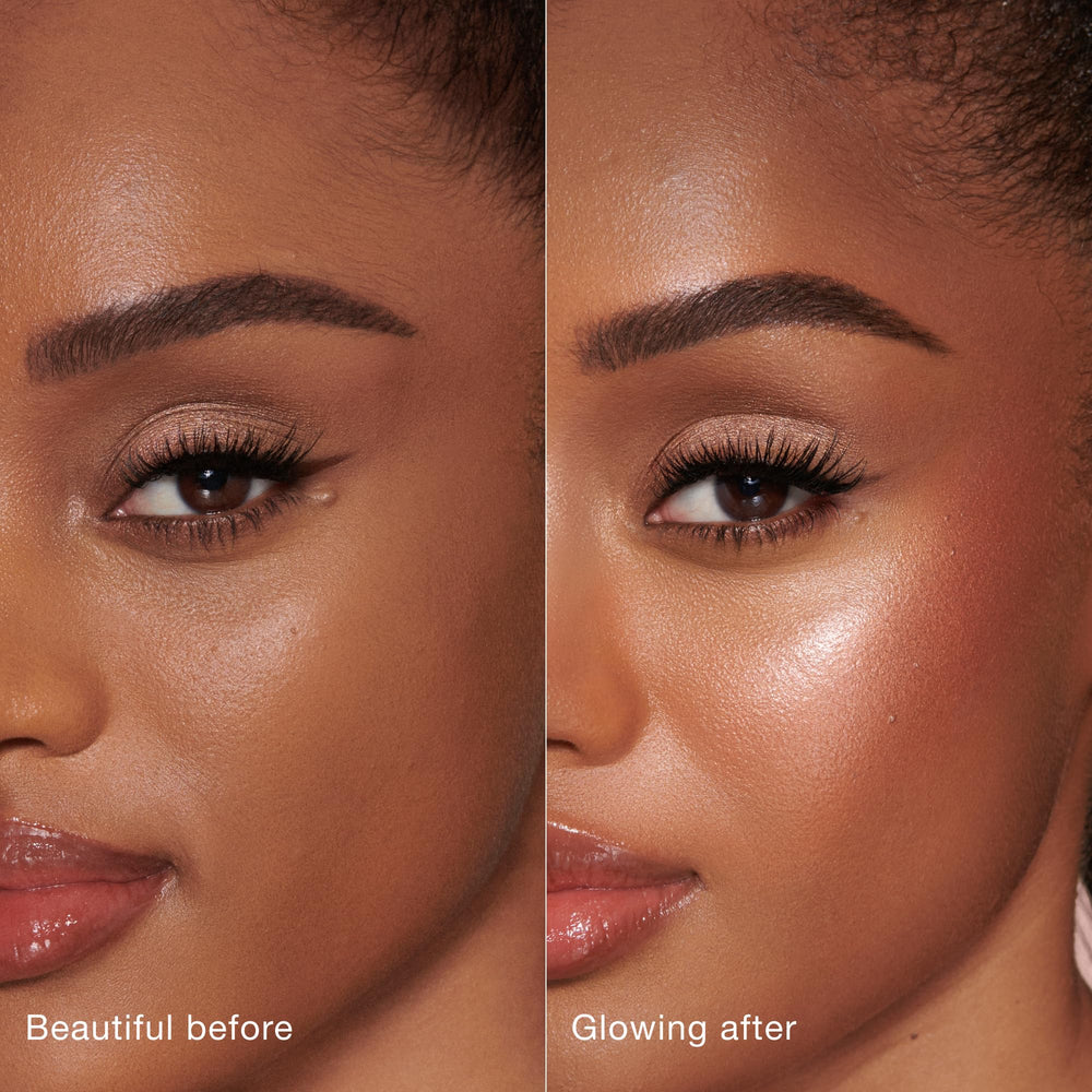 Charlotte Tilbury wand next to lipstick showing compact travel-friendly benefit