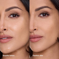 Charlotte Tilbury powder on brush ready to apply for pore‑blurring benefit